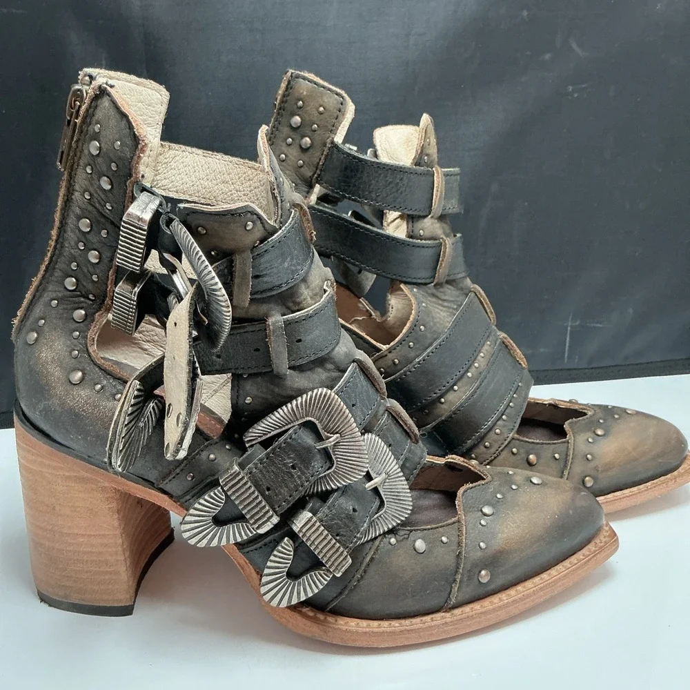 Freebird by Steven Bates Black Brown Leather Multi Strap Buckle Boots Womens 8